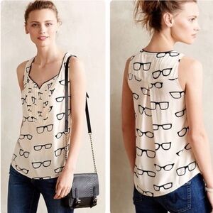 Anthropologie Maeve Retro Eyeglasses Print Pintuck Pleated Tank Top size 4